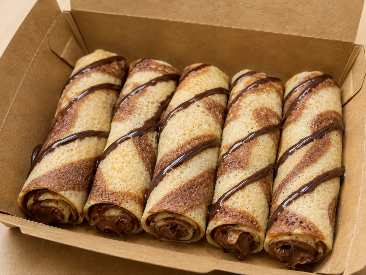 Close-up of chocolate zebra swirl crêpes filled and topped with chocolate cream